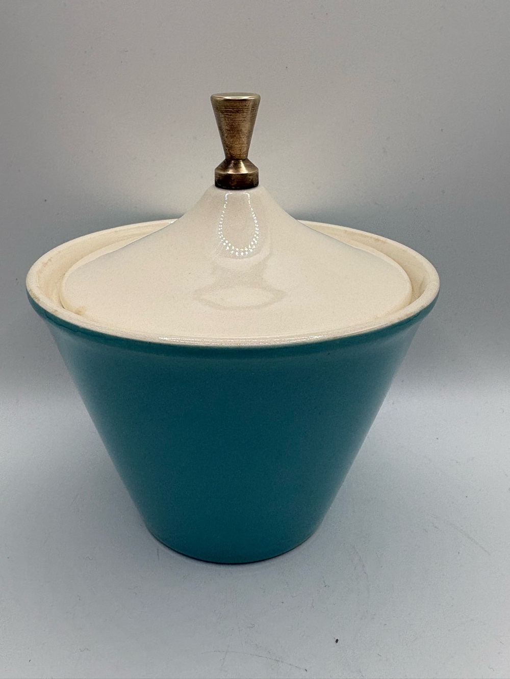 Vintage Salem North Star Sugar Bowl Lid Turquoise MCM Atomic Brass Finial 1950s